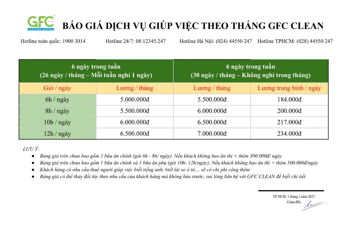 Báo giá dịch vụ giúp việc nhà theo giờ mới nhất 2023 - GFC Clean