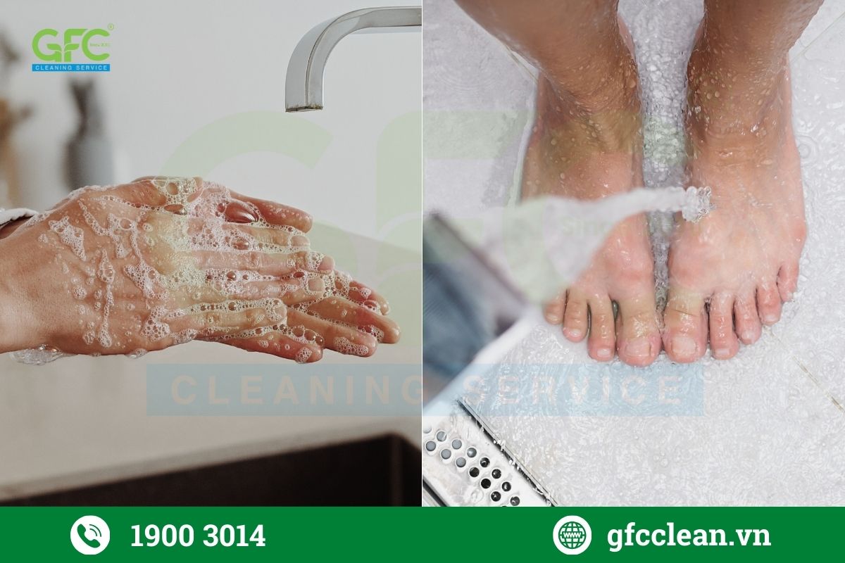Vệ sinh tay, chân sạch sẽ trước khi tập giúp hạn chế hình thành ổ vi khuẩn trên thảm