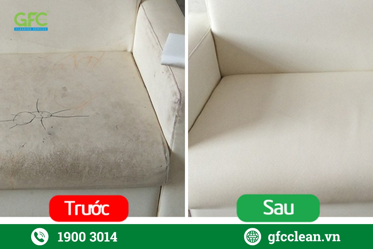 Hình ảnh trước và sau khi chọn dịch vụ vệ sinh ghế sofa nỉ tại nhà GFC CLEAN