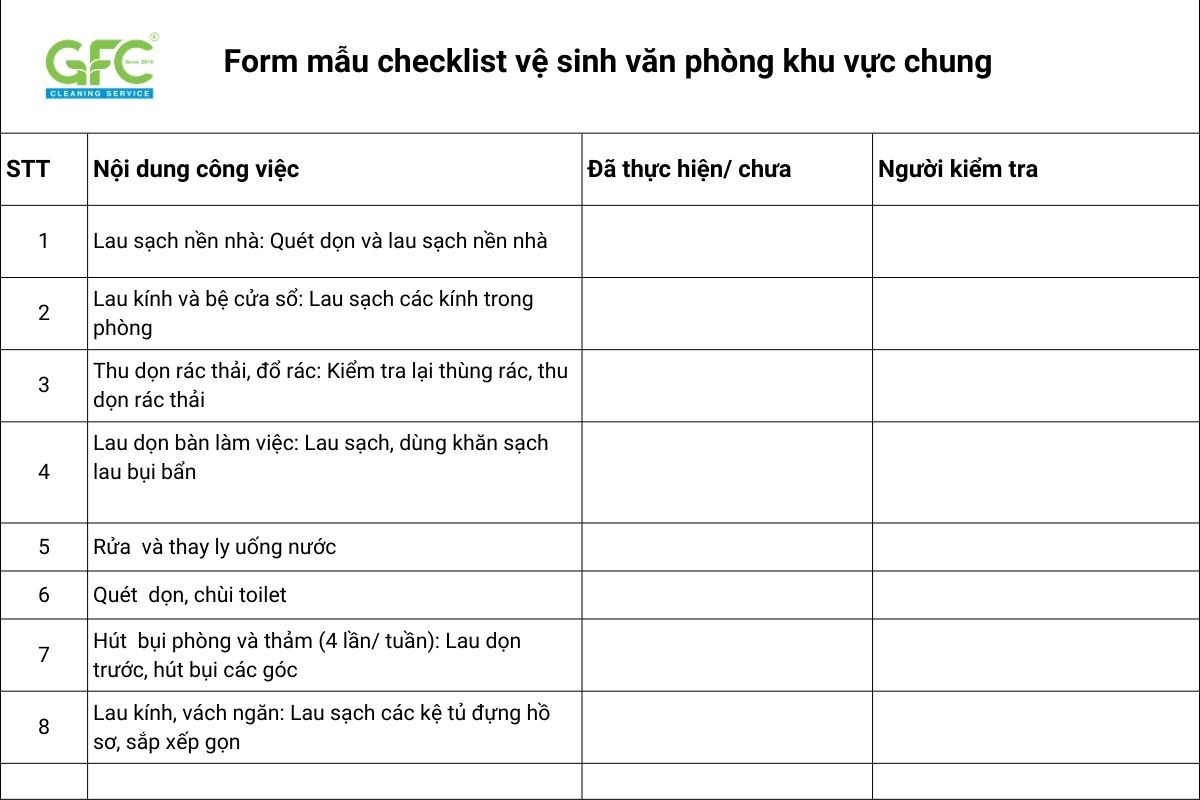 mẫu checklist công việc vệ sinh văn phòng