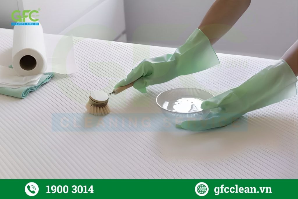 Dùng bàn chải và chất tẩy để làm sạch vết ố do nước tiểu trên nệm