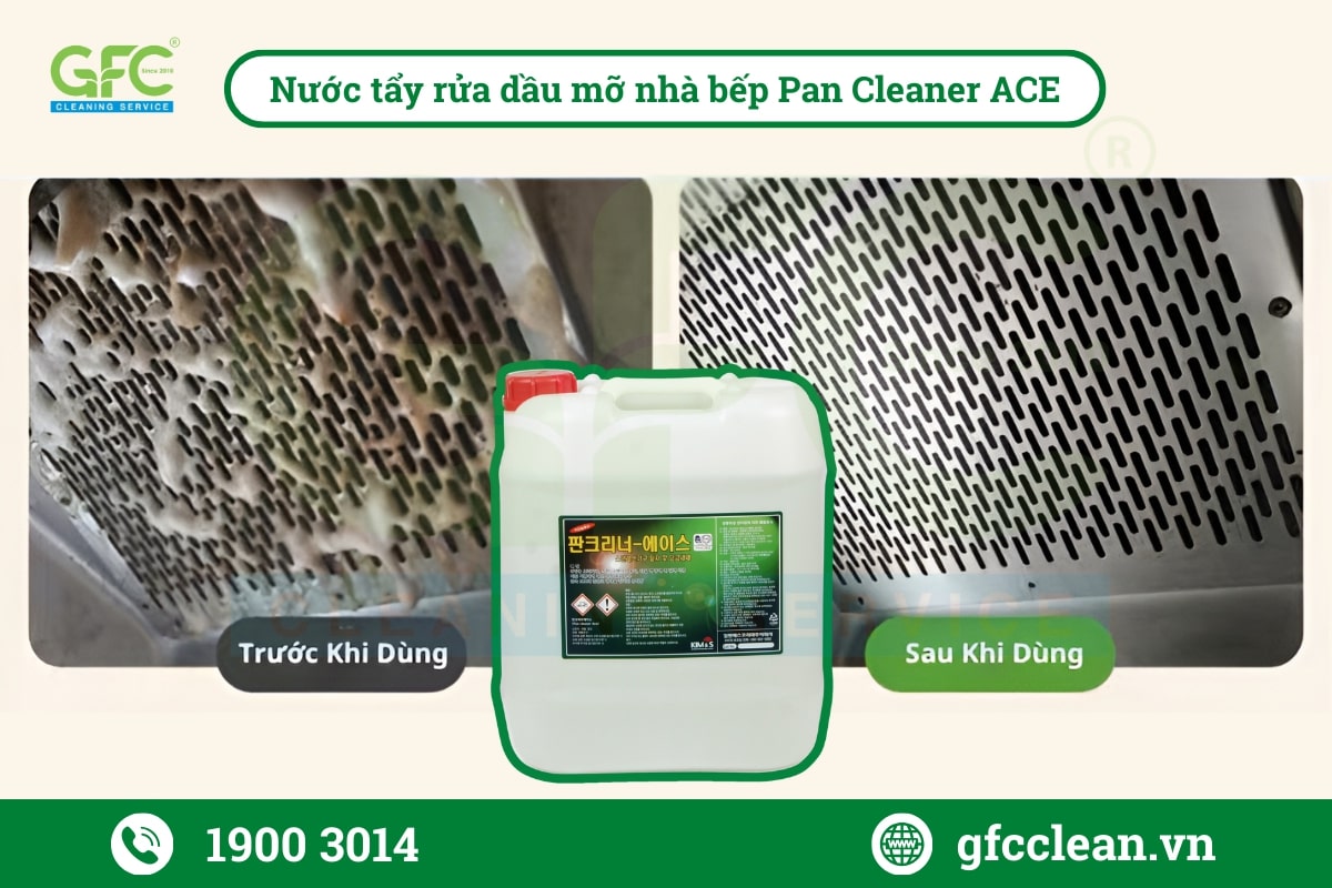 Nước tẩy rửa nhà bếp Pan Cleaner ACE giúp tẩy sạch vết dầu mỡ bám dính lâu ngày trong bếp